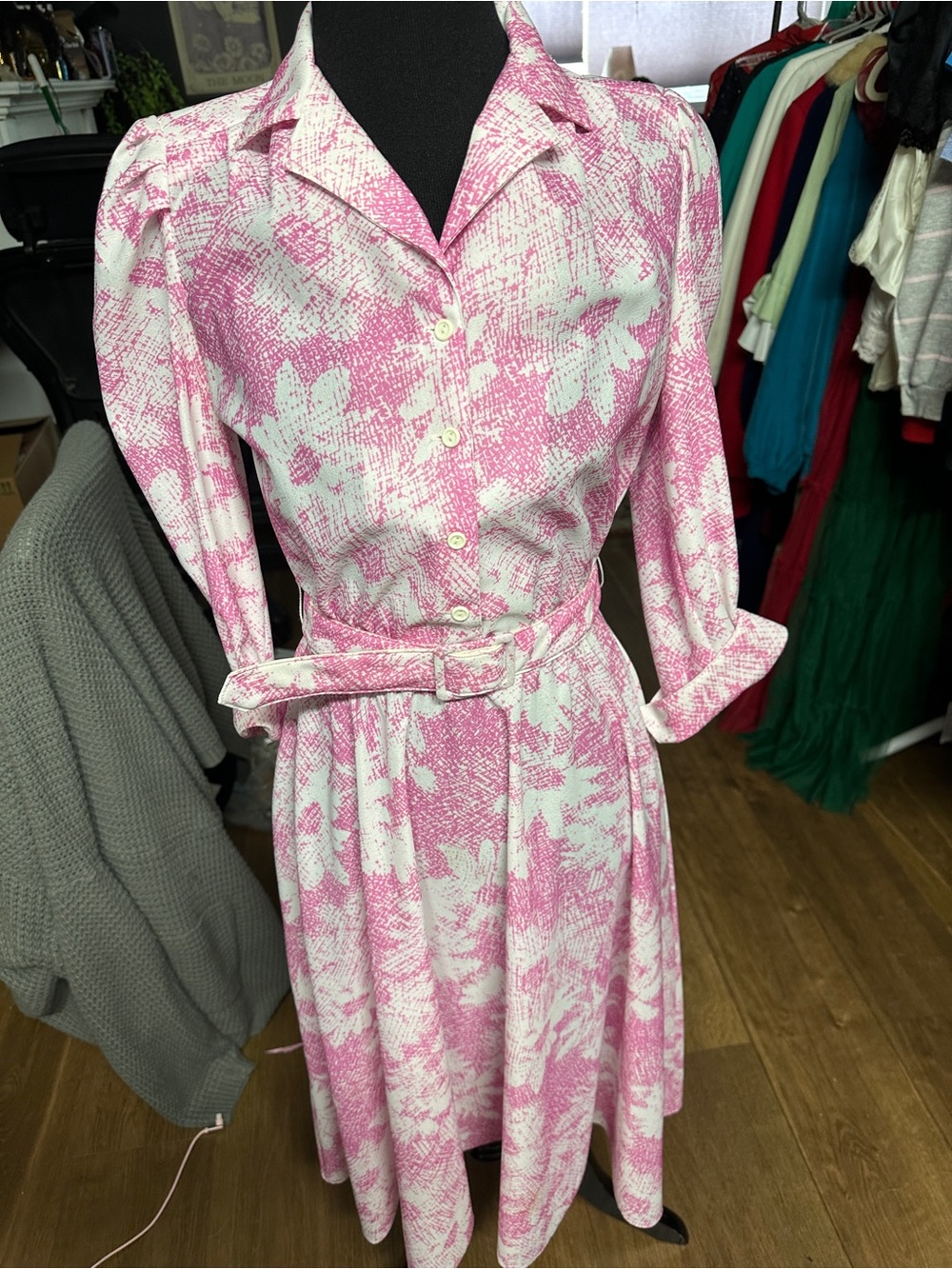 Vintage  Pink Floral Shirt Dress with Belt